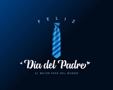 Feliz Dia del Padre İspanyol kaligrafisi - Çizgili kravatlı Mutlu Babalar Günü mavi tebrik kartı. Babalar Gününüz kutlu olsun İspanyol harfleri. En iyi baba vektör çizimi sensin.