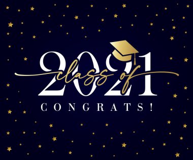 2021 sınıfı altın el yazısı afişi. Tebrik ederim. Koyu mavi arka plan üzerine zarif yazı dizaynı. Lise ya da üniversite partisi afiş şablonu