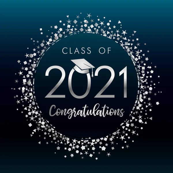 Class 2021 Graduates Silver Glitter Confetti Dark Blue Label Background — Stock Vector