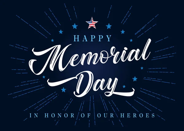 Happy Memorial Day Lettering Stars Blue Beams Background Celebration Design — Vector de stock