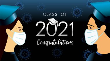 2021 tıp maskeli mezunlarını kutluyoruz. Lise ya da üniversite tasarımı için sosyal mesafe konsepti, mezuniyet davetiyeleri afişi