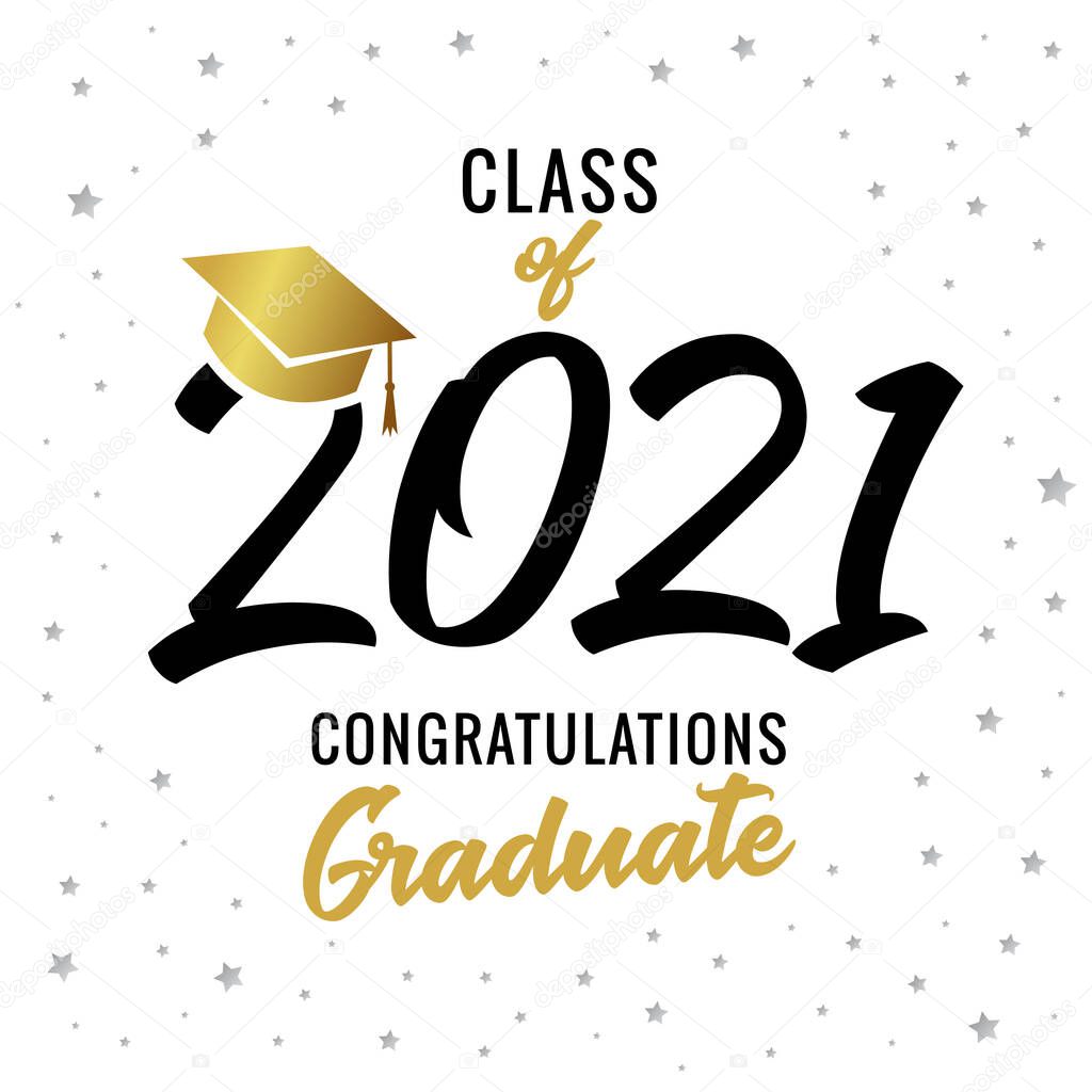 Golden calligraphy graduating class of 2021 greeting card. Celebration design for congratulation concept high school party or college. Vector illustration for graduate invitations