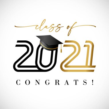 2021 class of golden line art text, graduates black lettering banner. Vector illustration black and gold logo congratulation degree ceremony with academic student hat clipart