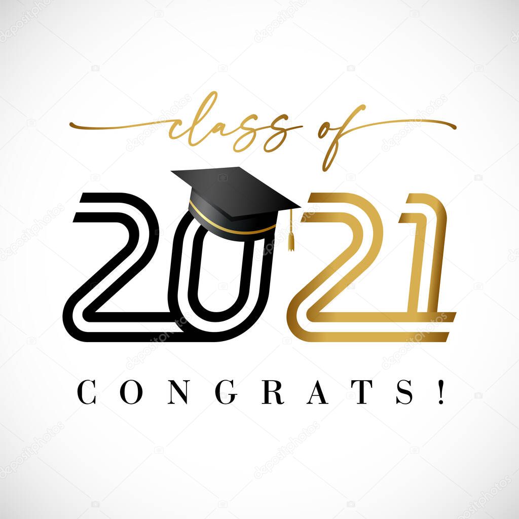 2021 class of golden line art text, graduates black lettering banner. Vector illustration black and gold logo congratulation degree ceremony with academic student hat