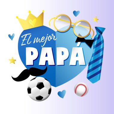 El mejor Papa - Dünyanın en iyi babası mavi kağıt kalp unsurları, kravat, bıyık ve tacı olan İspanyol harfleri. İspanya Babalar Günü vekil selamlaması - metin, taç, kravat, bıyık
