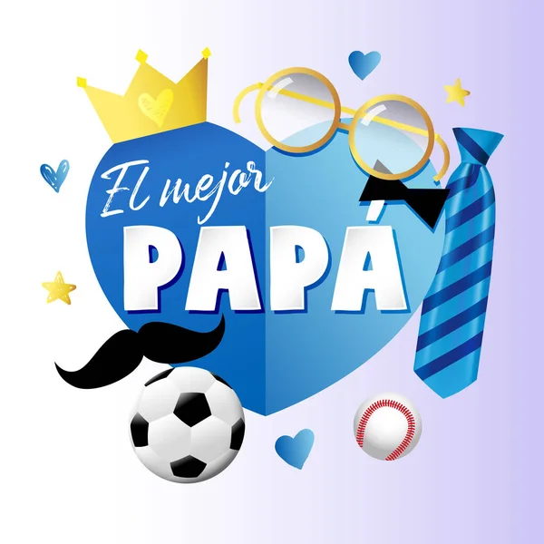 Mejor Papa 世界上最好的爸爸 西班牙字母横幅 蓝色纸心元素 胡子和皇冠 西班牙父亲节问候语图解 — 图库矢量图片