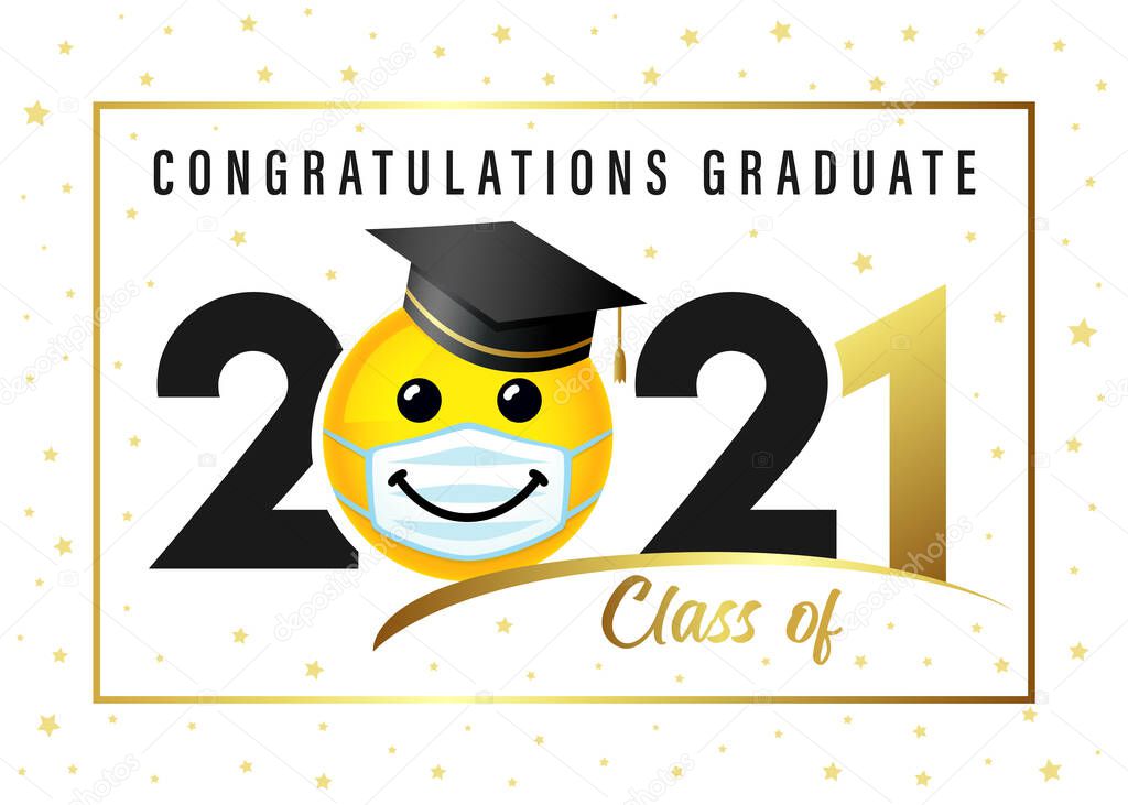 Congratulations Graduate Class of 2021, smile icon in academic cap. Vector illustration black and gold logo congrats ceremony with  smiling in study hat