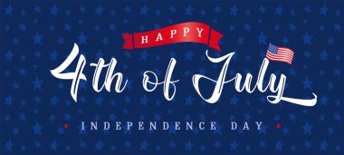 Bağımsızlık Günü 'nüz kutlu olsun. Soyut grafik tasarım şablonu. Kırmızı, mavi, beyaz renkler. 4 Temmuz ABD. Dekoratif logoti konsepti, renkli tebrikler. Yatay arkaplan.