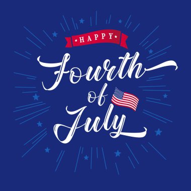 Tebrik kartı ya da afiş için 4 Temmuz el yazısı. Amerika Birleşik Devletleri 'nin Bağımsızlık Günü kutlu olsun. Kaligrafik harflerle mavi arkaplan, kirişler ve yıldızlar. ABD ulusal bayramı