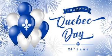 Quebec Günü uçan balonlar ve havai fişekler. Quebec Günün kutlu olsun yaratıcı selamlar. Soyut grafik tasarım şablonu. Quebec 'in Ulusal Bayram konseptini tebrik ederim. Aziz Jean-Baptiste Günü. 3D dekoratif elementler ve ülke klasikleri.