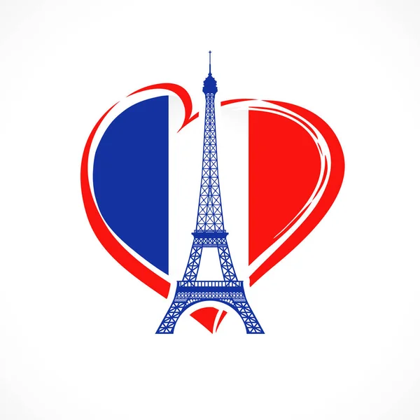 愛フランス エッフェル塔と旗の紋章 バスティーユの日を祝う 旗の色でエッフェル塔と心のシンボルとフランスの休日のためのバナー Tシャツデザインのベクトルイラスト — ストックベクタ