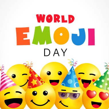 Dünya Emoji Günü, gülen kare pankart şablonu. 17 Temmuz, dünya emoji günü beyaz arka planda parti şapkası içinde şirin bir simge olan metin. Vektör illüstrasyonu