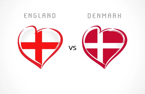 England Mot Danmark Flaggor Hjärtat Emblem Engelska Och Danska Landslaget — Stock vektor