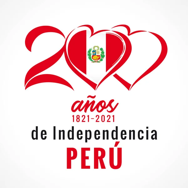 200アノス インデペンシアペルー 心の旗を持つグリーティングカード ペルーのレタリング スペインから200年の独立ペルー ベクターイラスト — ストックベクタ