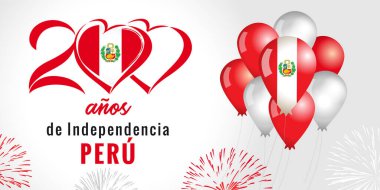 200 anos de Independencia Peru, Peru yazıtları - İspanya 'dan 200 yıllık bağımsızlık günü. Kutlama arkaplanı havai fişeklerle, balonlarda bayrak ve mesajlarla dolu. Vektör illüstrasyonu