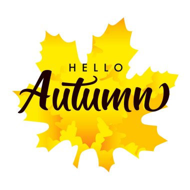 Merhaba sonbahar, sarı akçaağaç yaprağına yazı yazılmış. Turuncu akçaağaç yaprağı arka planında elle yazılmış bir söz. Sezonluk dekoratif vektör pankartı