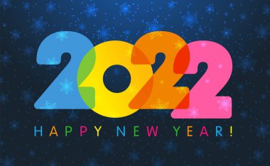 2022 Yeni Yıl tabelası, tebrikler. Renkli logot tipi. Karlı bir gece arkaplanı. Soyut izole grafik tasarım şablonu. Dekoratif numaralar. Renkli parmaklar. Yaratıcı Noel dekorasyonu.