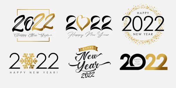 大套装2022年新年快乐标志 金色和黑色的字母与心 彩带和闪光 豪华的日历 明信片或海报平面设计模板 — 图库矢量图片