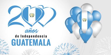 200 anos de Independencia Guatemala, İspanyolca yazı - İspanya 'dan 200 yıllık bağımsızlık günü. Kutlama arkaplanı havai fişekler, balonlarda bayrak ve harflerle. Vektör illüstrasyonu