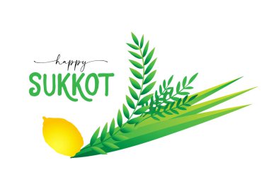 Mutlu Sukkot, dört baharatlı ve otlu geleneksel Yahudi bayram kartı - lulav, etrog, aravah, hadass. Beyaz arka planda izole edilmiş. Vektör illüstrasyonu