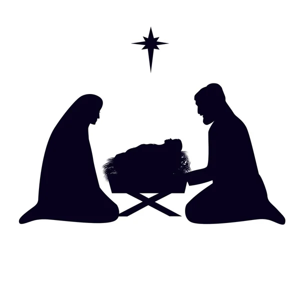 Kerstverhaal Mary Joseph Baby Jezus Kribbe Kerststal Silhouet Van Baby — Stockvector