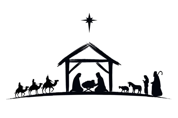 Szopka Bożonarodzeniowa Sylwetka Jezusa Żłobie Pasterzu Mędrcach Świąteczna Opowieść Maria — Wektor stockowy