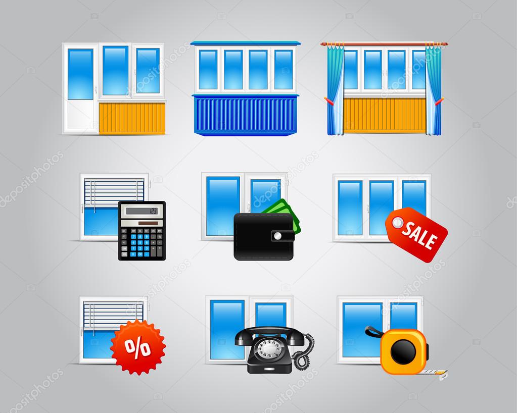 Window and glass doors logo list. Set of vector web icons of plastic windows for building industry, repairs, architectural company. Windows, doors equipment business symbols for internet webpage.