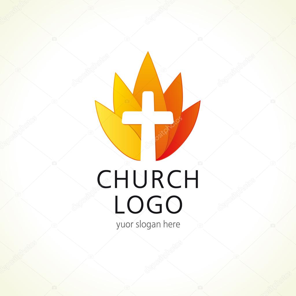 Cross on fire christian church logo.