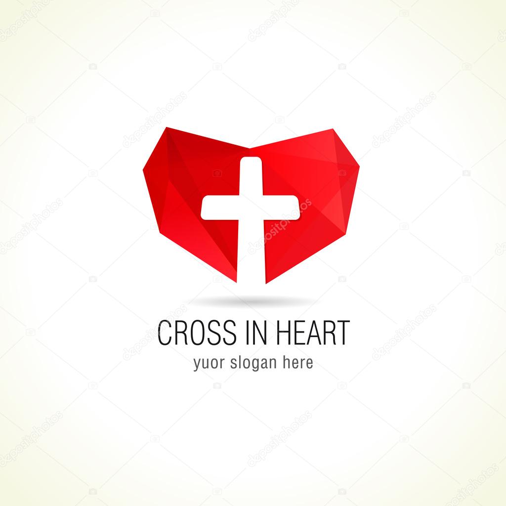 Cross and heart of faith christian church vector logo. Missionary or charity icon. Religious or hospital stained-glass symbol. Protection in medicine, help or safety sign.