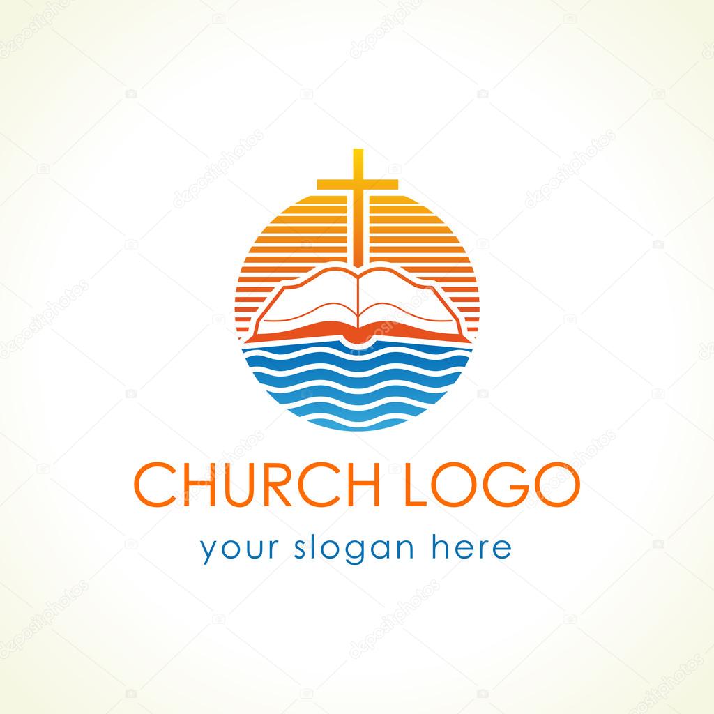 Cross and bible christian vector logo. Open book, sunset and waves of water stamp icon. Educational stamp symbol for missionary, churches, events, organizations. Religious debates or discussion sign.