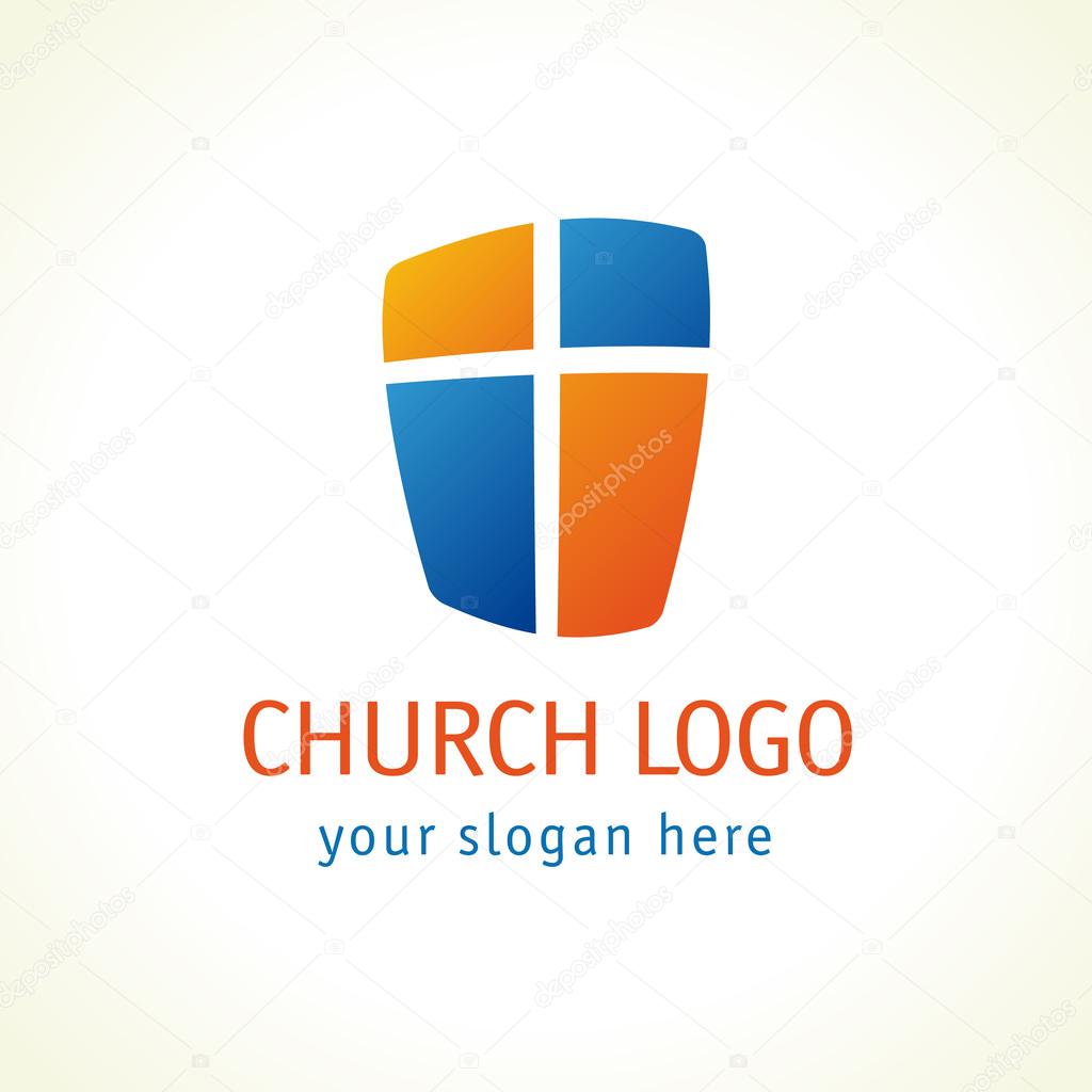 Cross and shield of faith christian church vector logo. Missionary icon. Religious symbol. Protection, safety, security sign. Windows or doors. Weapon conservative idea.