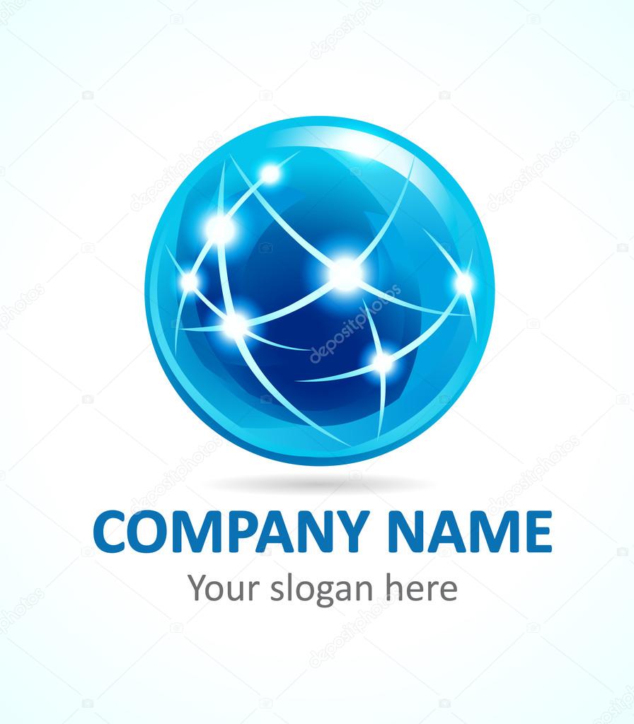 Globe company logo of connecting. Internet button, technologies, flying lowcost, communications, blockchain or cryptocurrency farm abstract sign. Stained glass shape. Modern blue banner template.