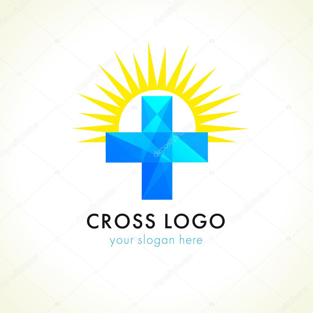 Blue facet stained-glass plus cross and sun. Vector logo design. Branding identity for healthcare organizations, charitable missions, christian churches, social services, clinics of medicine or pharmacy business.