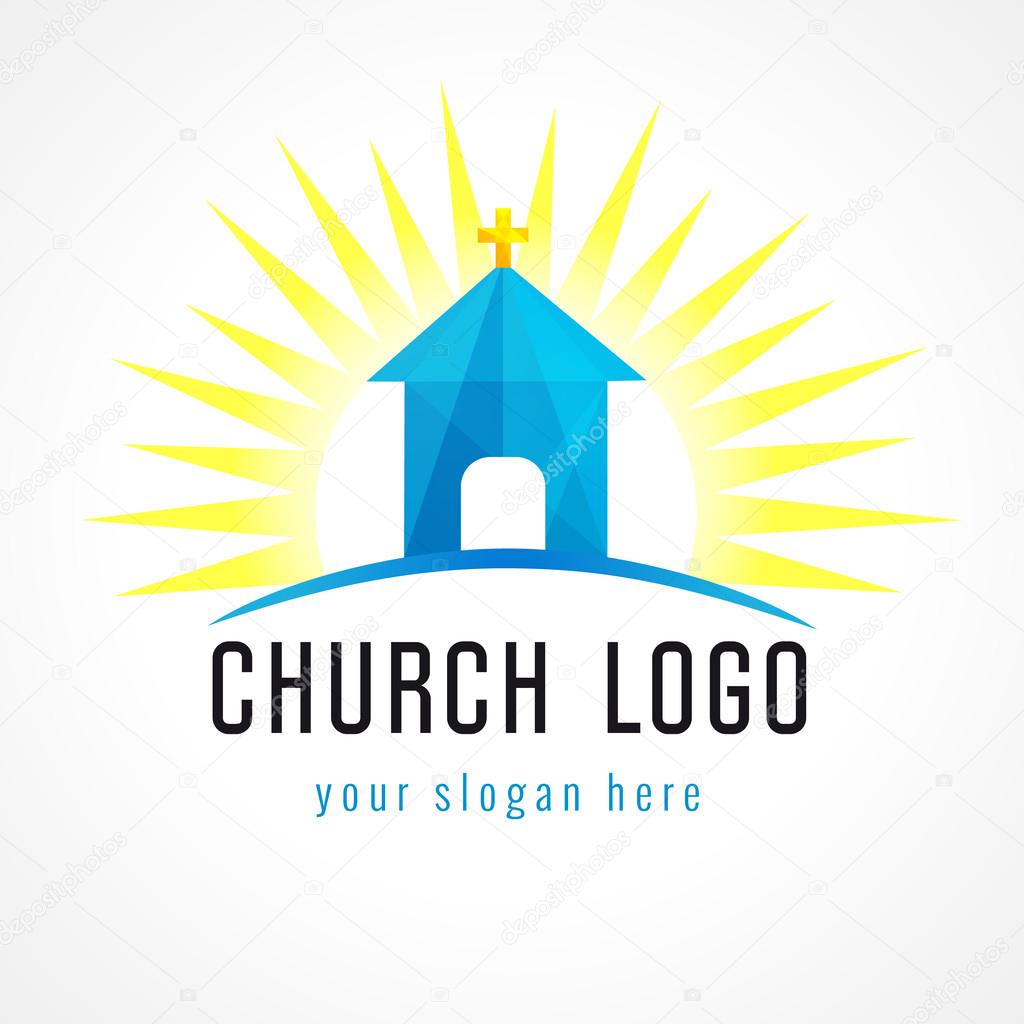 Church in sun light vector logo. Missionary stained-glass icon. Template symbol for churches, events and christian organizations. Church house on hill blue facet sign.