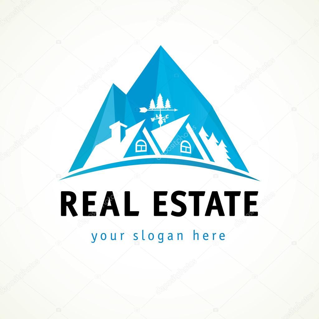 Houses in mountains vector stained-glass logo. Real-estate business or hotel cottages sign. Property agency, building, insurance, buying, investment, constructing, cleaning. Winter holidays and ski resort symbol.