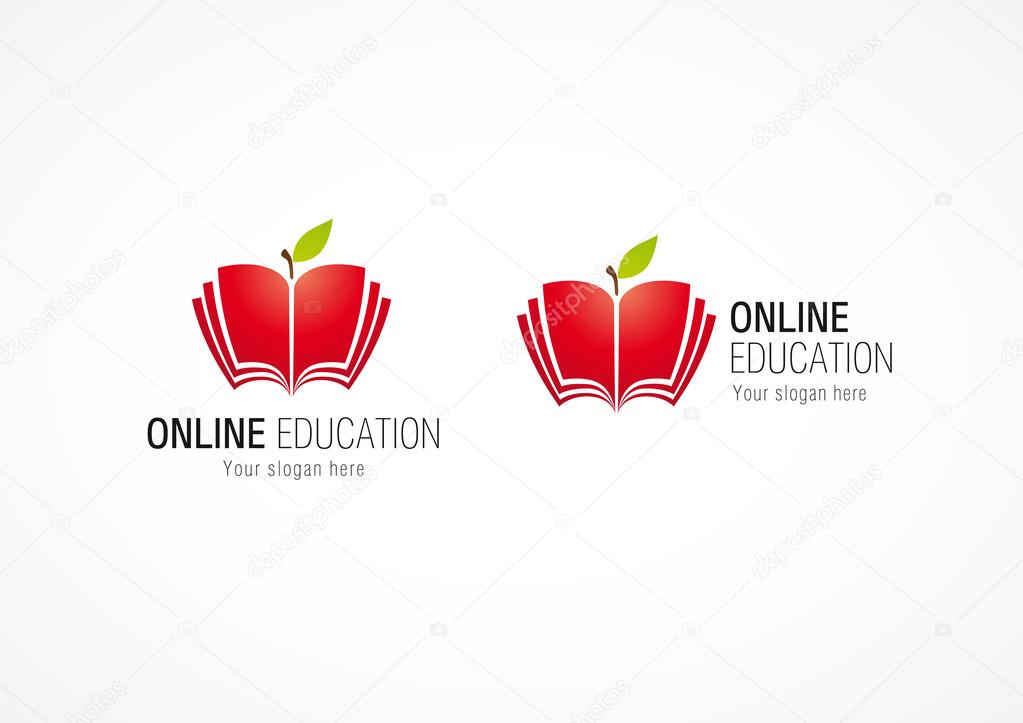 Educational vector logo. Open book in apple shape. Internet school sign. E book, e reader branding computers soft settings or smartphone application icon. Online magazine. Living tree of knowledge.
