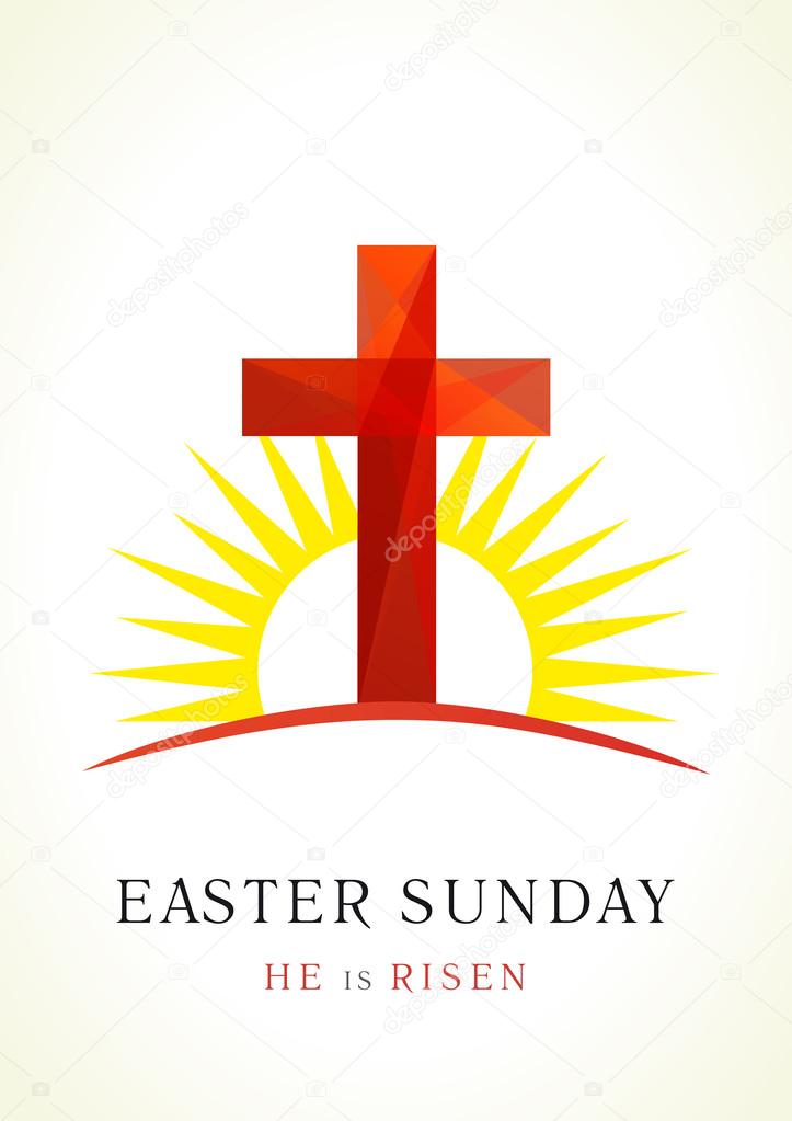 Happy easter. He is risen. Holy sunday greetings invite. Calvary cross in sun light vector logo. Missionary icon. Template symbol for christian churches, events and christian organizations. Stained-glass crucifixion window from pieces.