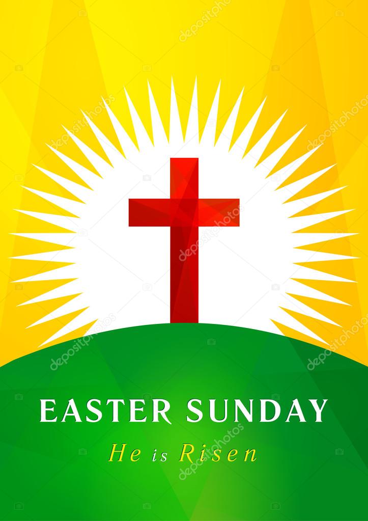 Happy easter. He is risen. Greetings celebrating invite. Calvary cross in sun light vector logo. Missionary card. Template symbol for christian churches, events and christian organizations. Stained-glass crucifixion window from pieces.