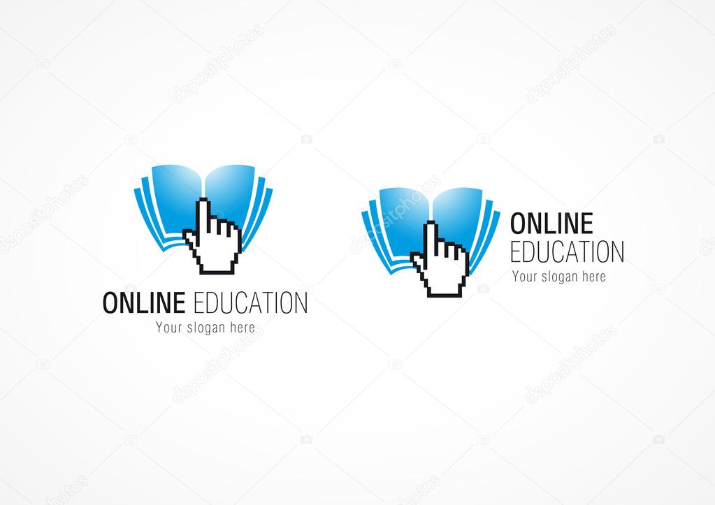 On line education vector logo with pixel hand, open book and radio waves. Internet school sign. E book or e reader branding computers settings or smartphone application icon.