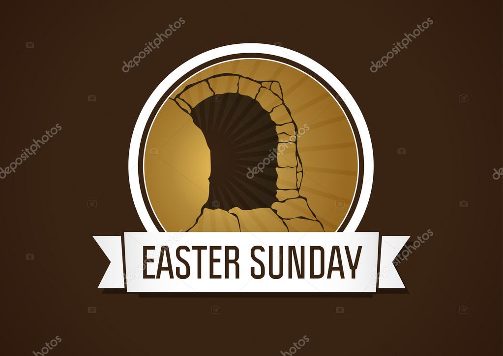 Easter sunday, holy week, vector card. Happy holiday greetings of Jesus rising. Template for invitation, flyer design. Mountain, open empty cave and stone. Religious symbol.