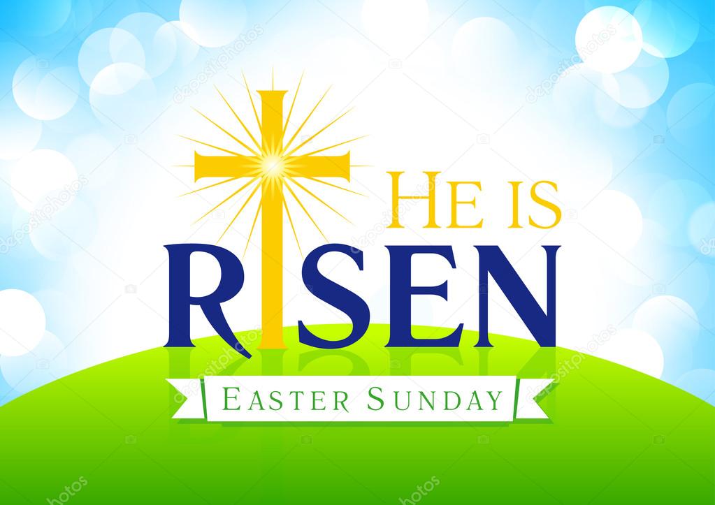 Easter sunday, holy week. Happy holiday greetings of Jesus rising up. Template for invitation, flyer design. Cross on hill in sun light. Religious symbol.