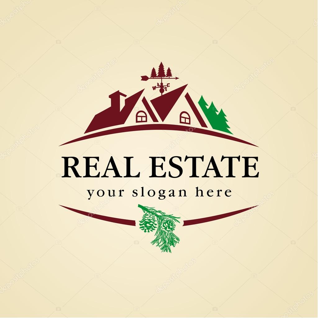 Sign for estate agency,  building, lease house, insurance, invest or landscape design business. Country house vintage symbol.