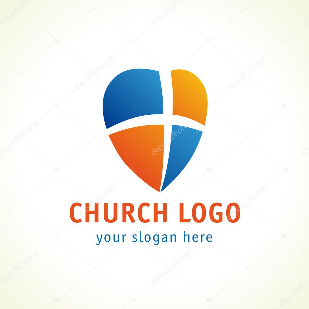 Cross, heart and shield colorful icon. Religious symbol of gods protection. Window heart branding idea. Charity service or medical clinic template sign.