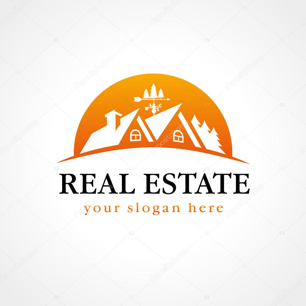 Real-estate vector logo. House for sale. Icon for own property agency, building, lease house, insurance, buying, invest, landscaping business. Country houses and cottages in sunset vintage symbol.