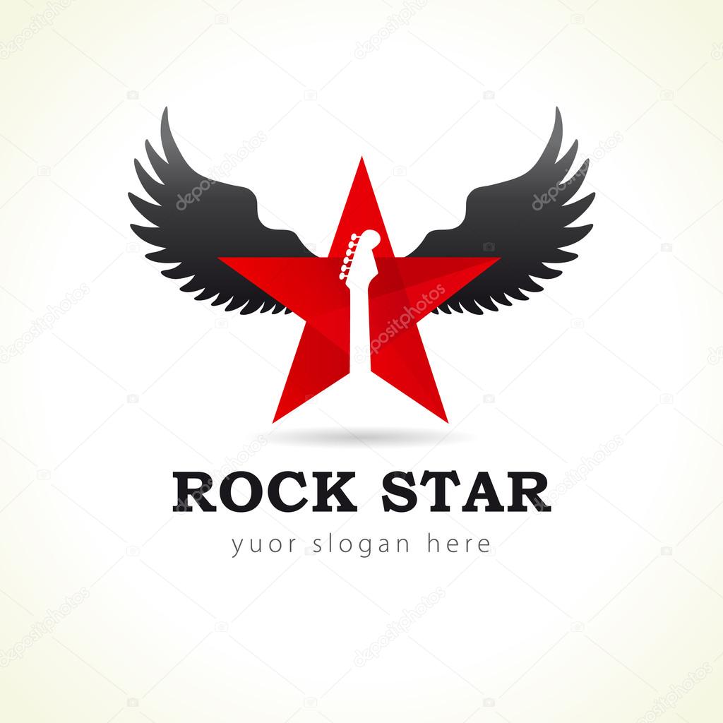 Rock star or band fly logo brand red colored. Electric guitar fretboard in red star flies. Black music angel wing. Vector sign. Art events and tours symbol.