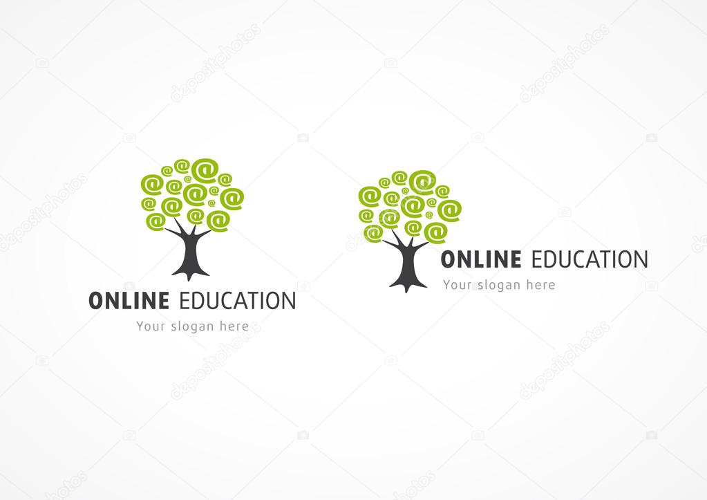 Online education logo network tree with e-mail arroba at branches symbol. Internet school, college or web training vector sign.