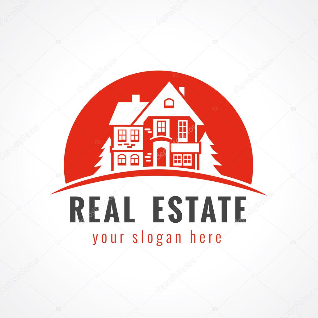 Real estate vector logo. House in sunset. Sign for estate agency, building, lease house, insurance, investment, landscape design business or architectural company. Cottages in pine forest, hill, sun.