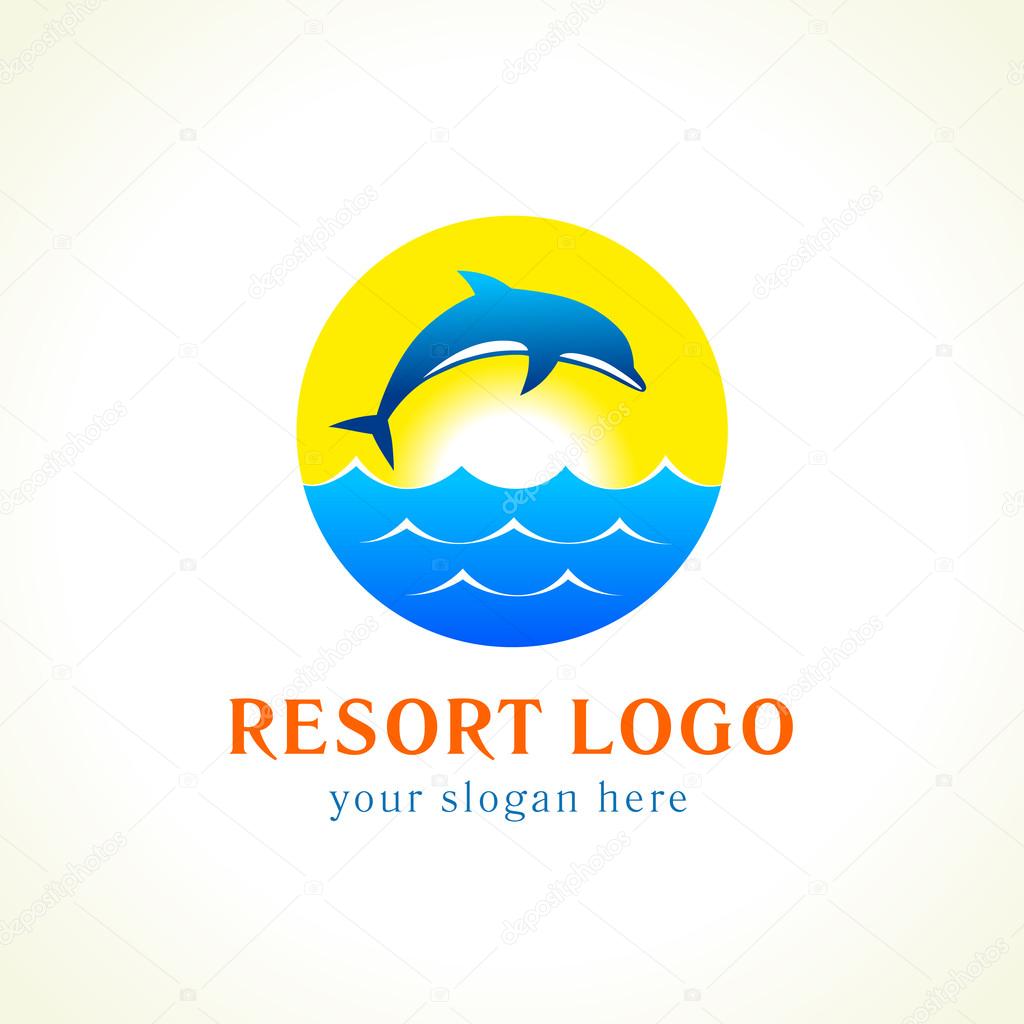 Dolphin jumps, sea, sun, travel vector logo. Branding identity of hotels, tourist business, spa, beach service, healthcare, resort or hotel by the ocean. Summer holidays symbol.