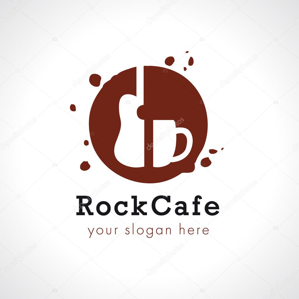 Rock cafe branding logo. Grunge guitar - coffee cup in circle. Music vector round sign. Beverage drops splash or brush stroke shape imitations. Art events and tours symbol. Rock n roll restaurant.