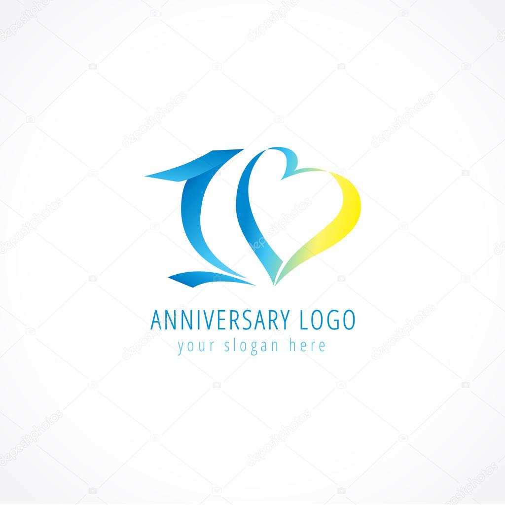 Anniversary 10 years hearts vector digit logo. Birthday greetings with framed tape heart shape. Holiday abstract numbers. Lovely card with celebrating figures 10 th.
